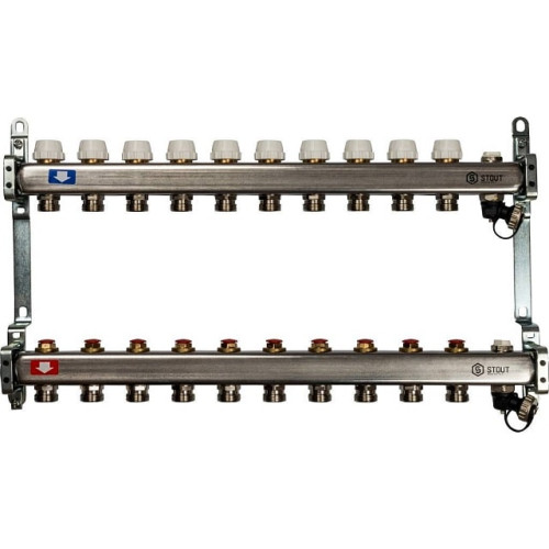 Коллектор из нержавеющей стали без расходомеров, с клапаном вып. воздуха и сливом 10 вых Stout SMS-0932-000010