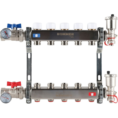 Коллектор с запорными клапанами в сборе Rommer 1"x3/4" 5 контуров Коллектор с запорными клапанами в сборе Rommer 1"x3/4" 5 контуров