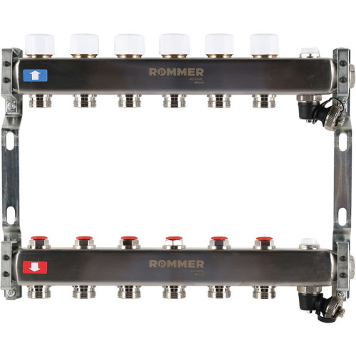 Коллектор с запорными клапанами и кранами Rommer 1"x3/4" 6 контуров Коллектор с запорными клапанами и кранами Rommer 1"x3/4" 6 контуров