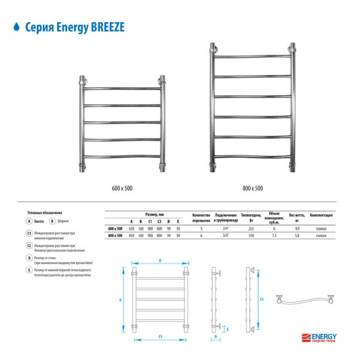 Полотенцесушитель водяной Energy Breeze 800х500 мм хром