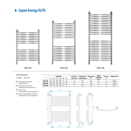 Полотенцесушитель водяной Energy Elite 1000х500 мм хром