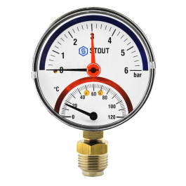 Термоманометр радиальный (корпус Dn 80 мм, шкала 0-10 бар, 0-120°С, 1/2") с автоматическим запорным клапаном Stout