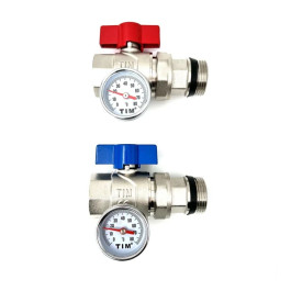 Шаровый кран TIM 1"х1" с термометром пара: красная + синяя бабочка арт.M308-4T