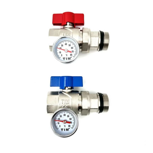 Шаровый кран TIM 1"х1" с термометром пара: красная + синяя бабочка арт.M308-4T