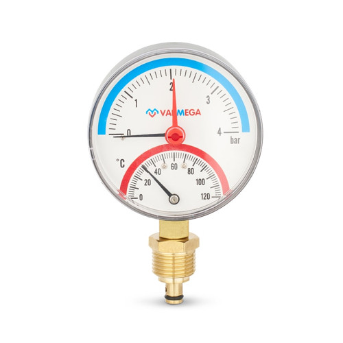 Термоманометр радиальный Varmega, 80мм, 4 Бар, 1/2", с отсекающим клапаном
