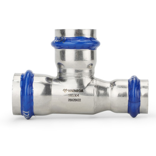 Тройник раструбный переходной Varmega Inox Press 22х18х22 мм