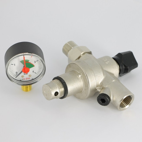 Клапан подпиточный UNI-FITT НВ 1/2" с редукционным соединением и манометром, никелированный
