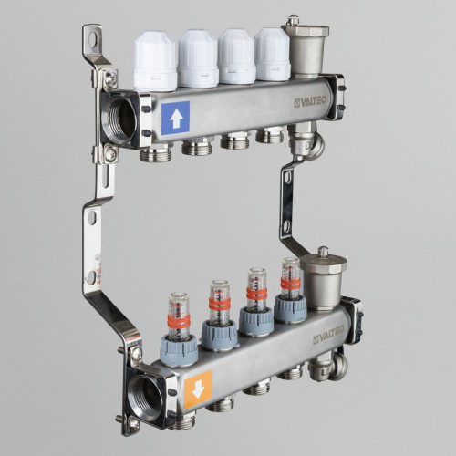 Коллектор Valtec с расходомерами 1"х 3/4" на 10 выходов (нержавейка) арт.VTc.579.EMNX.0610