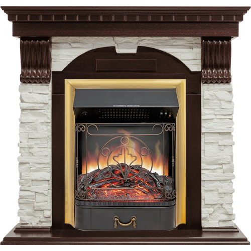 Royal Flame Dublin угловой - Темный дуб / Сланец белый с очагом Majestic FX Brass