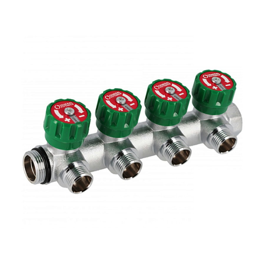 Коллектор Hoobs 3/4"x4x3/4"EK латунный хром. с вентилями 4 выхода, зеленая ручка 03103H