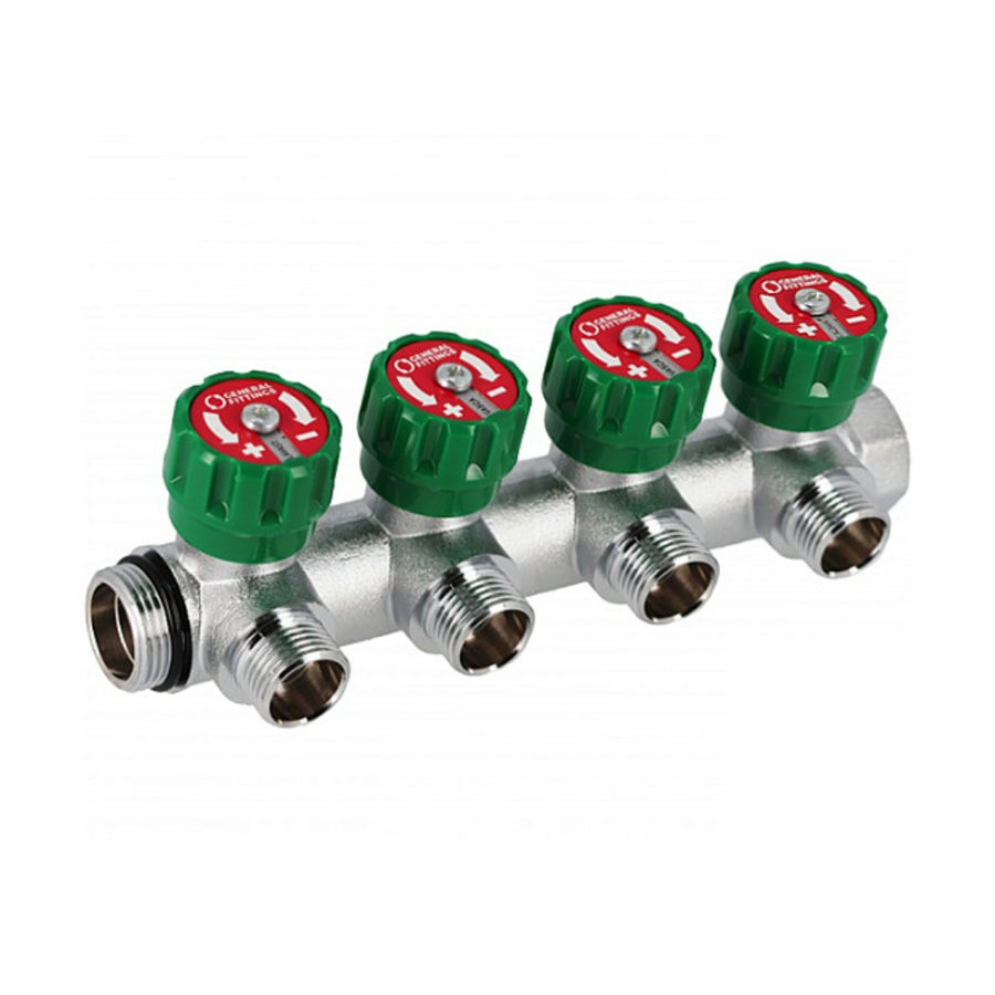 Коллектор Hoobs 1"x4x3/4"EK латунный хром. с вентилями 4 выхода, зеленая ручка 03106H