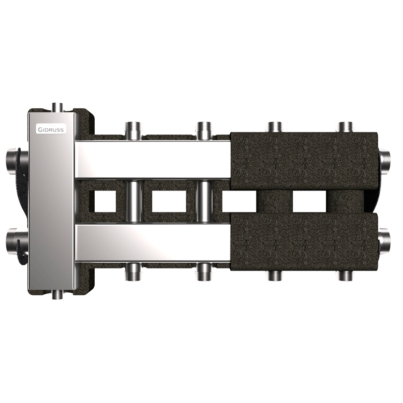 Коллектор нержавеющий Gidruss BMSS-80-5DU EPP до 80 кВт 1 1/4"-1" 5 контуров EPP термоизоляция