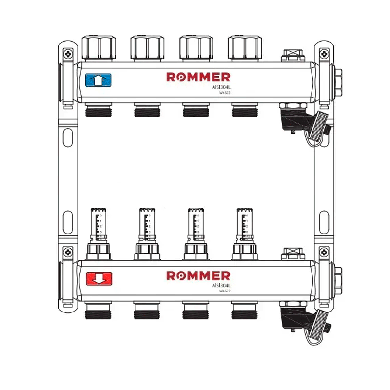 Коллектор с расходомерами и запорными клапанами Rommer 1"x3/4" 6 контуров