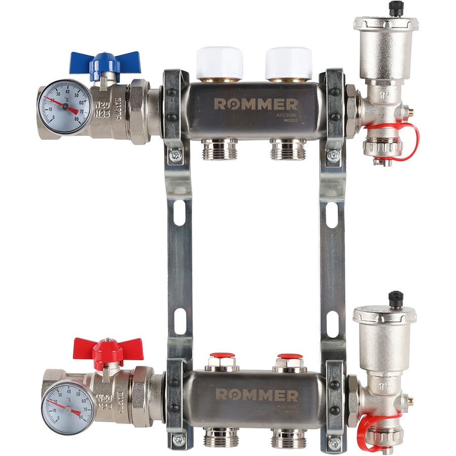 Коллектор с запорными клапанами в сборе Rommer 1"x3/4" 2 контура
