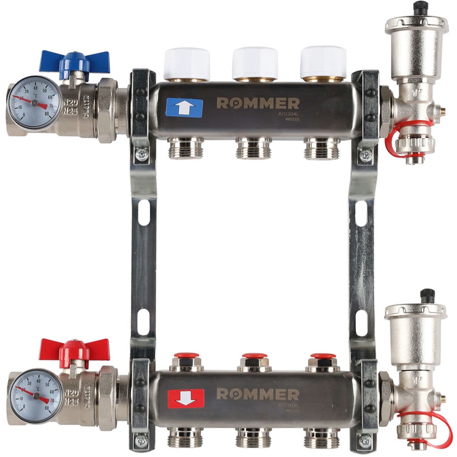 Коллектор с запорными клапанами в сборе Rommer 1"x3/4" 3 контура