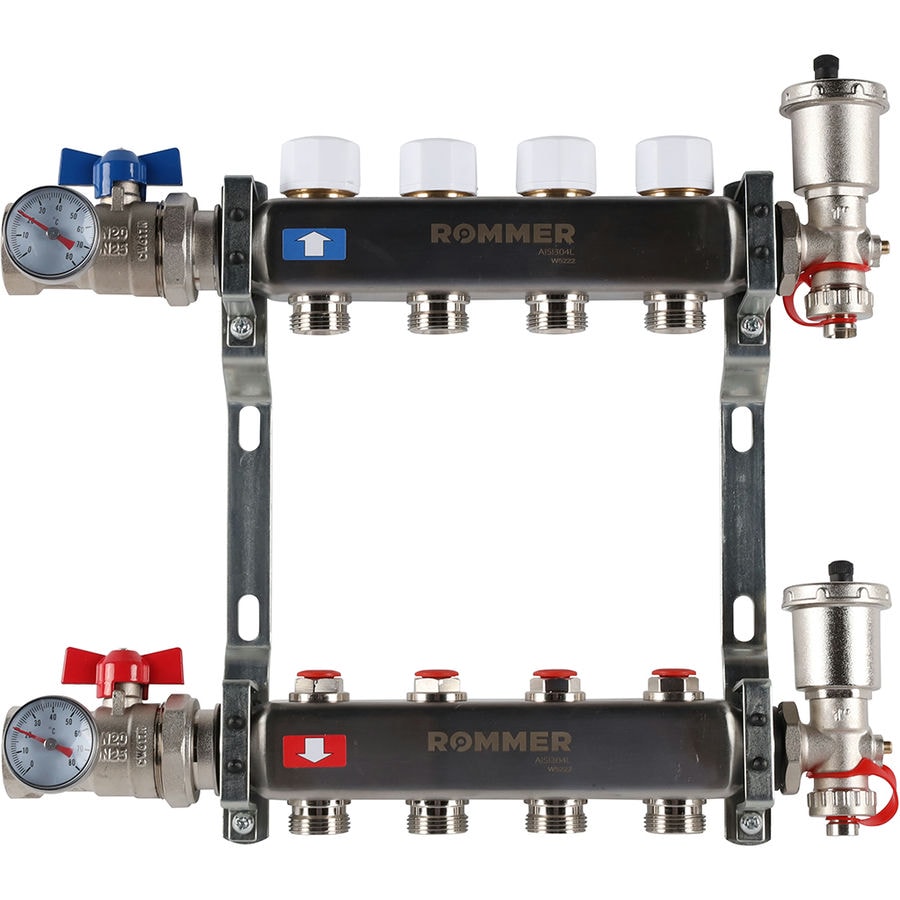 Коллектор с запорными клапанами в сборе Rommer 1"x3/4" 4 контура
