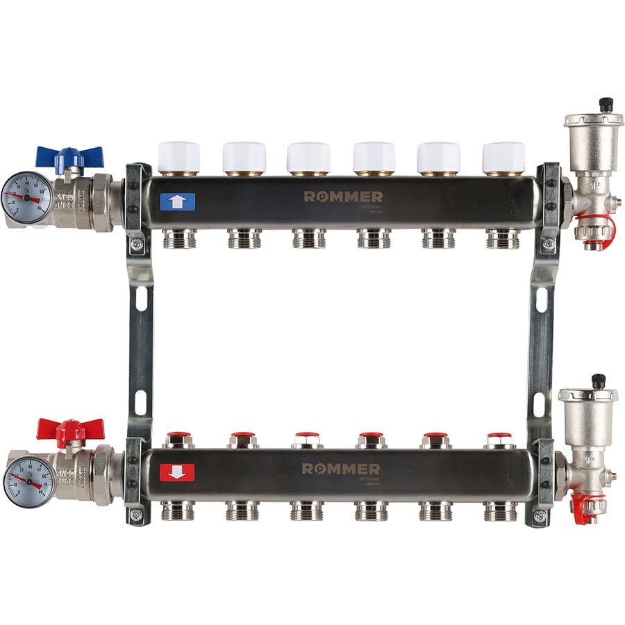 Коллектор с запорными клапанами в сборе Rommer 1"x3/4" 6 контуров