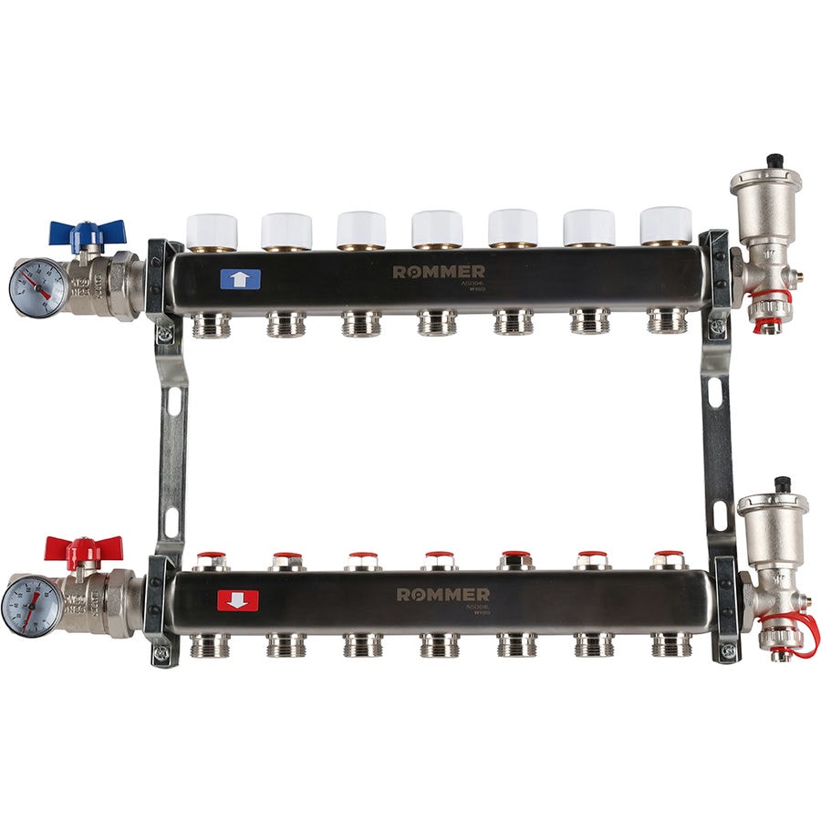 Коллектор с запорными клапанами в сборе Rommer 1"x3/4" 7 контуров