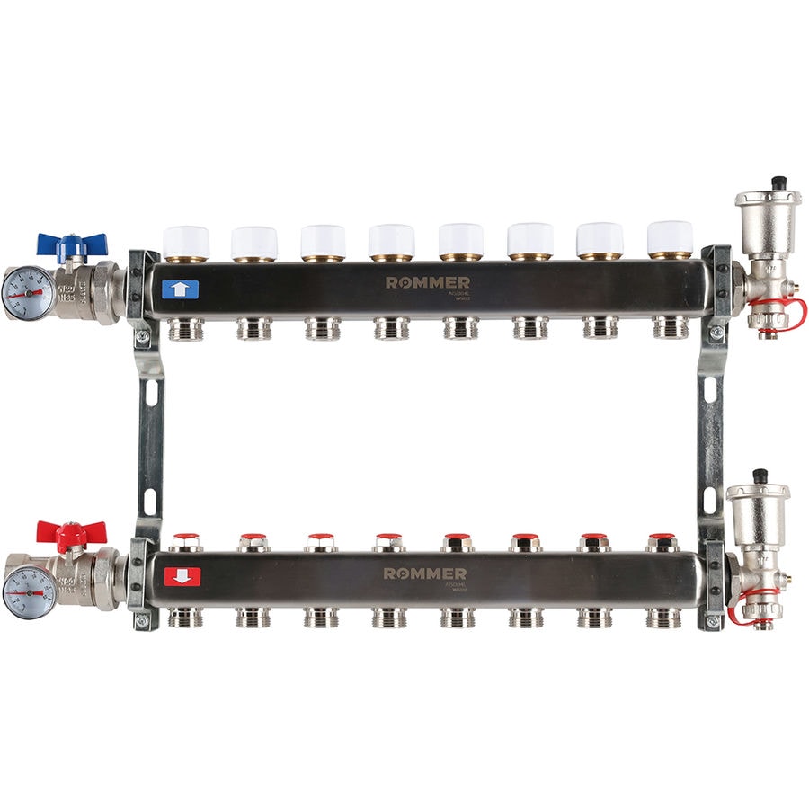 Коллектор с запорными клапанами в сборе Rommer 1"x3/4" 8 контуров