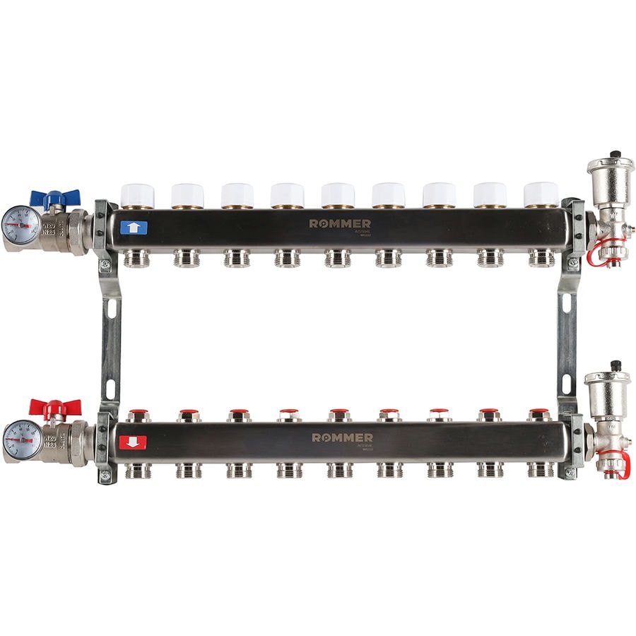 Коллектор с запорными клапанами в сборе Rommer 1"x3/4" 10 контуров