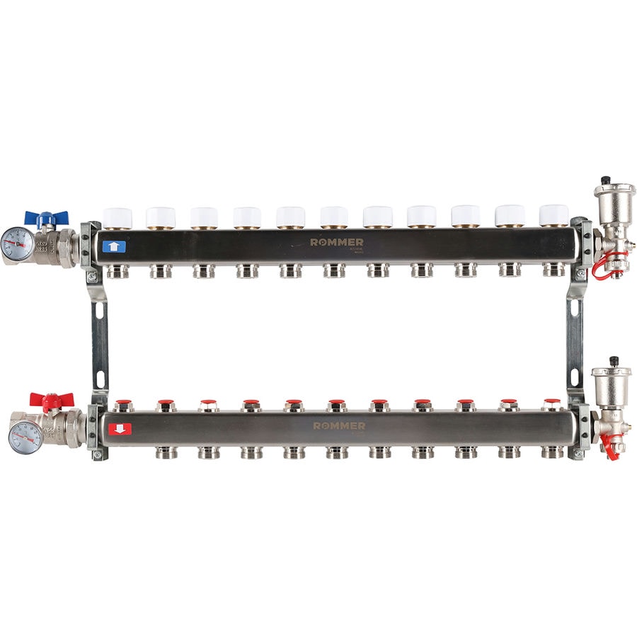 Коллектор с запорными клапанами в сборе Rommer 1"x3/4" 11 контуров