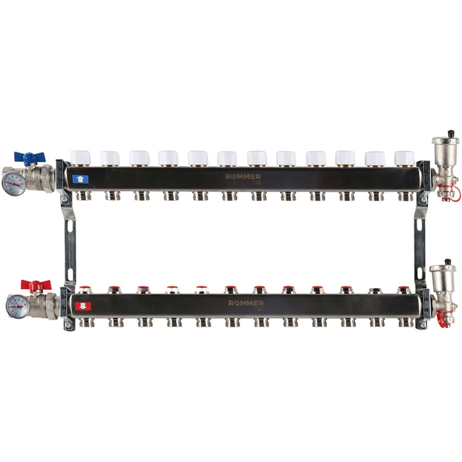 Коллектор с запорными клапанами в сборе Rommer 1"x3/4" 12 контуров