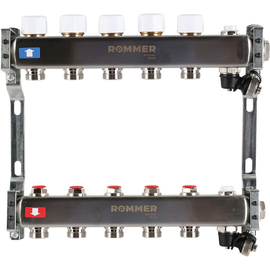 Коллектор с запорными клапанами и кранами Rommer 1"x3/4" 5 контуров