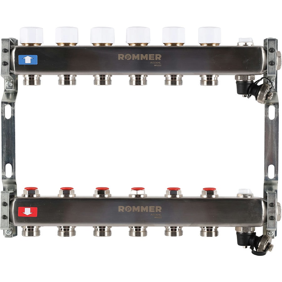 Коллектор с запорными клапанами и кранами Rommer 1"x3/4" 6 контуров