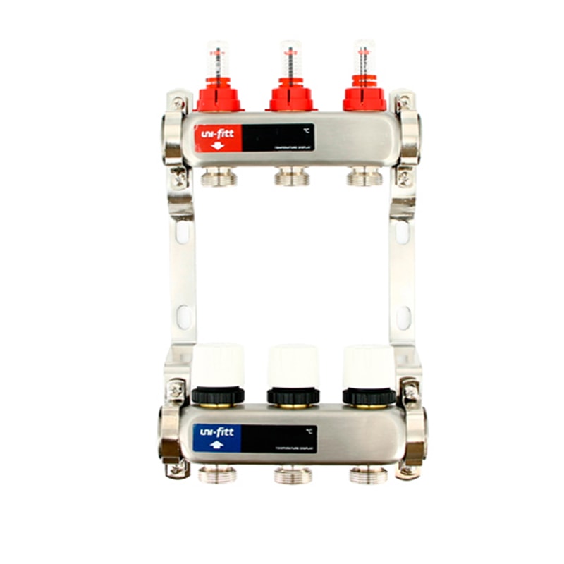 Коллектор из нержавеющий стали Uni-Fitt Techno 3/4"x1" 3 выхода с расходомерами