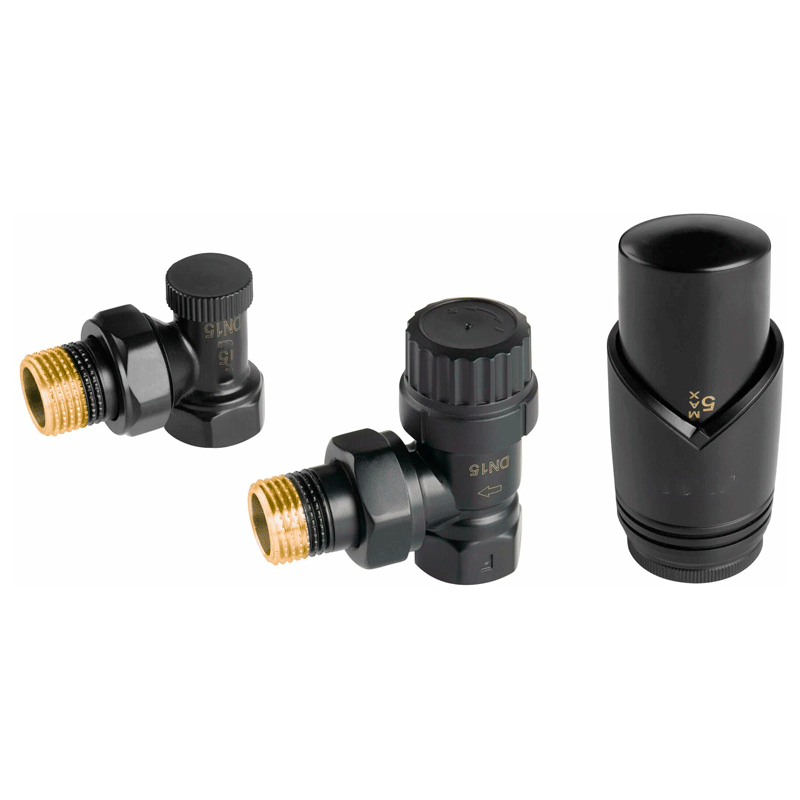 Комплект радиаторный угловой Delta 1/2" с термоголовкой М30x1.5 черный